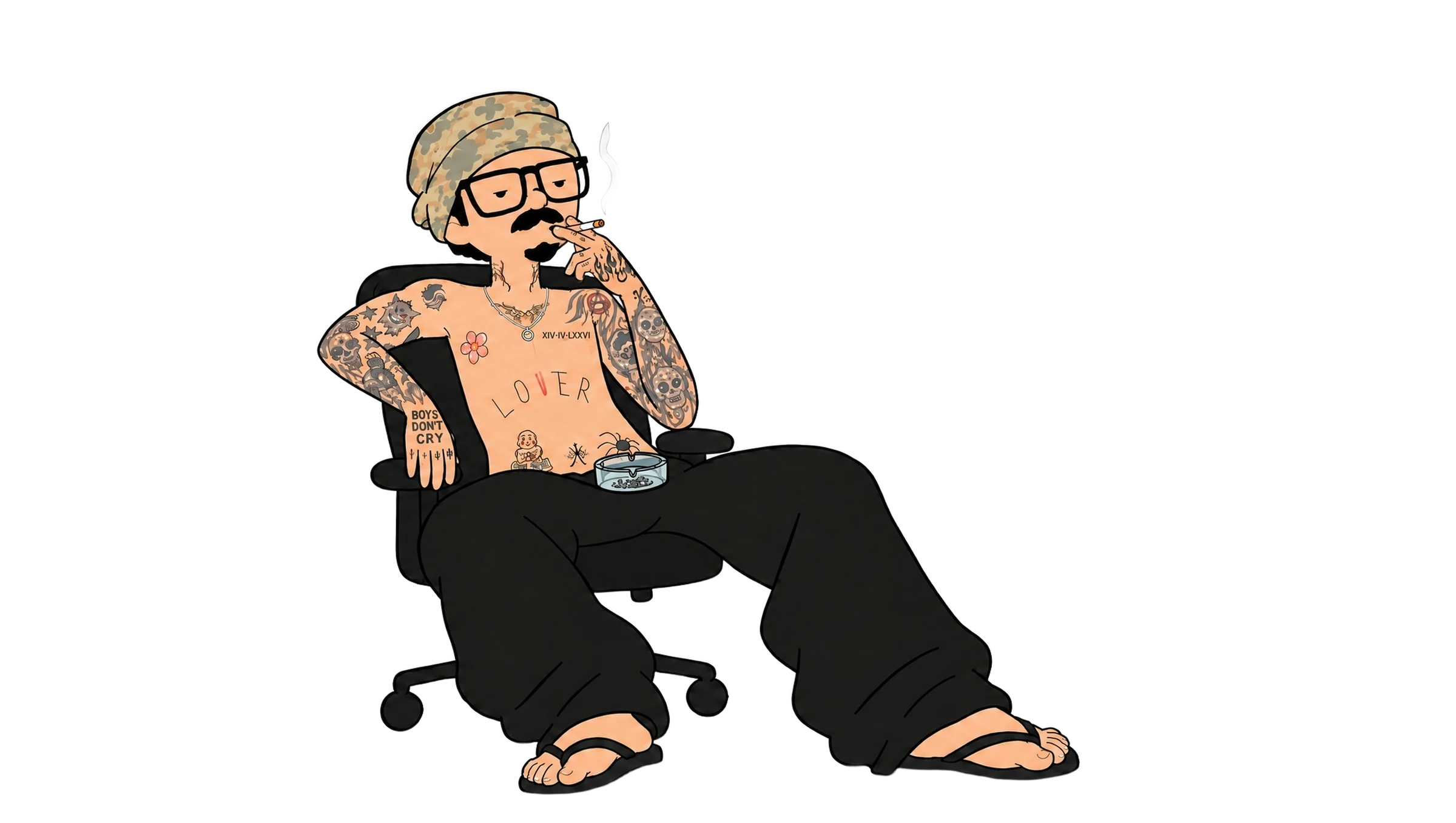 Desenho do João Basso sentado na cadeira, ao lado da mesa de trabalho